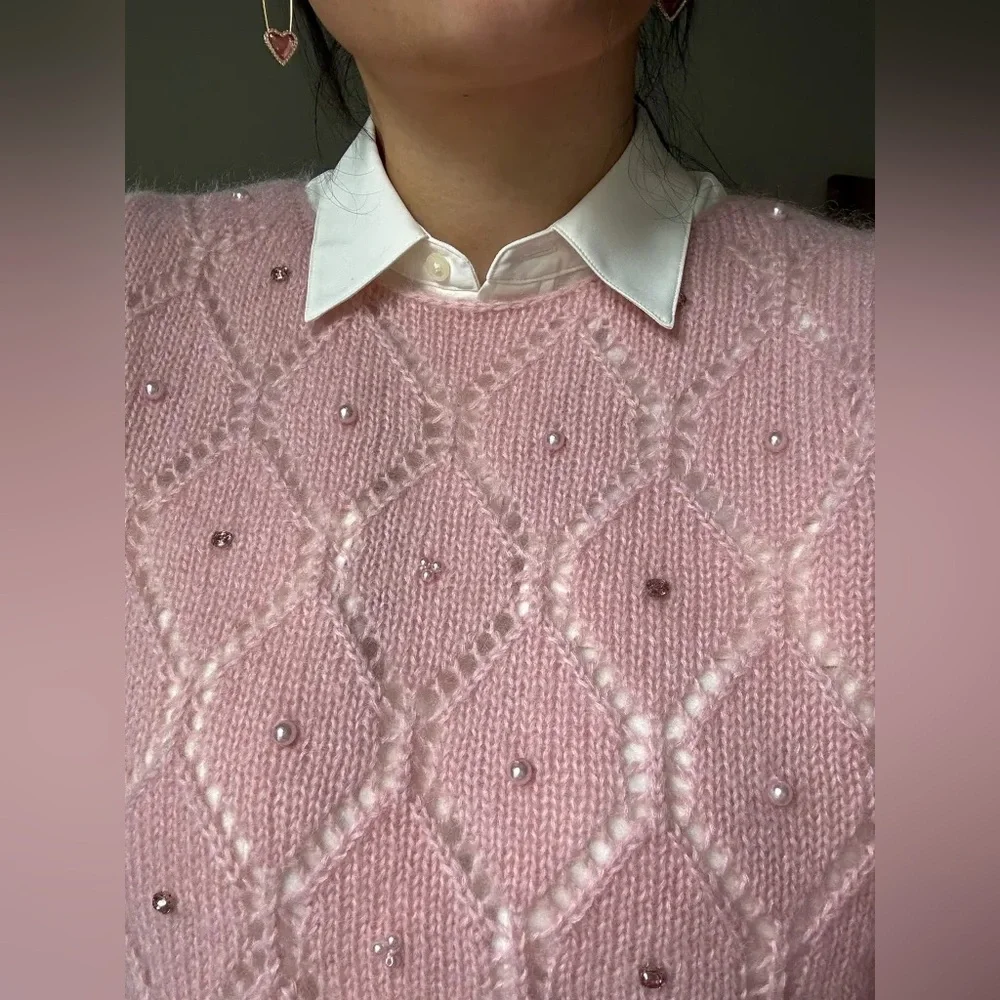 Sezane Federica Jumper Powder Pink Pearls Jewels open knit mohair Size M - Picture 4 of 9